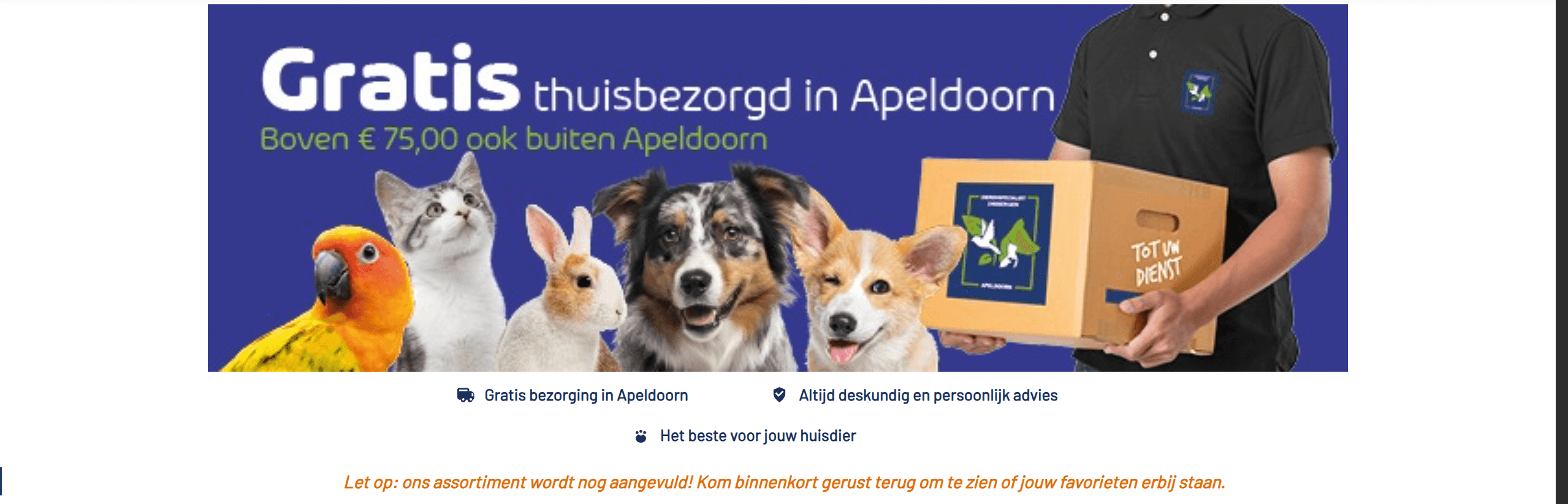 De oude homepage van Disbergen: een standaard themabanner met de melding dat het assortiment nog wordt aangevuld.